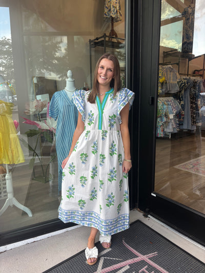 Floral Print Border Pattern Midi Dress