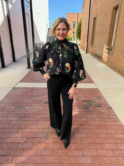 Black Floral Print Smocked Neck Long Sleeve Top