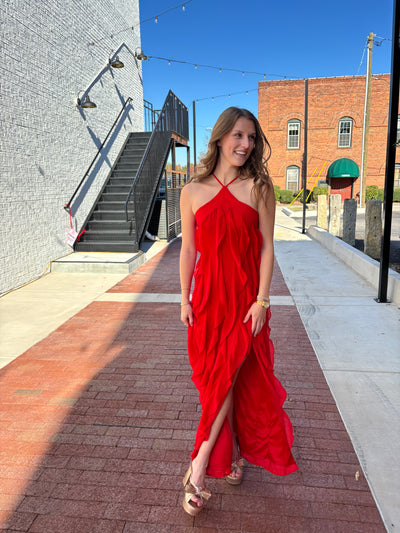 Red Halter Ruffle Maxi Dress