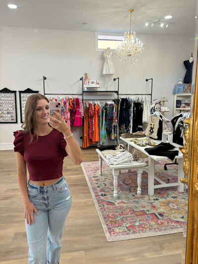 Ruffled Sleeve Ribbed Crop Top- Garnet