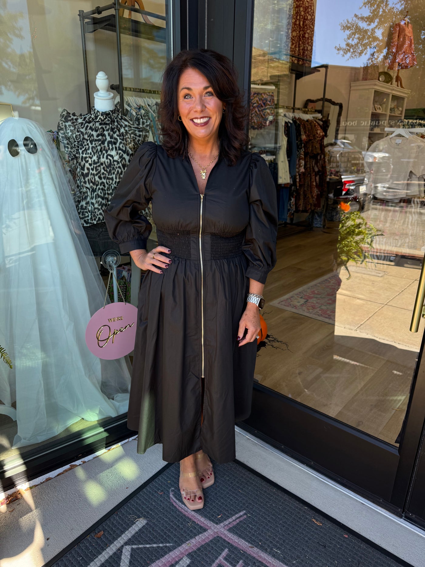 Black Smocked Waist Zip Up Midi Dress