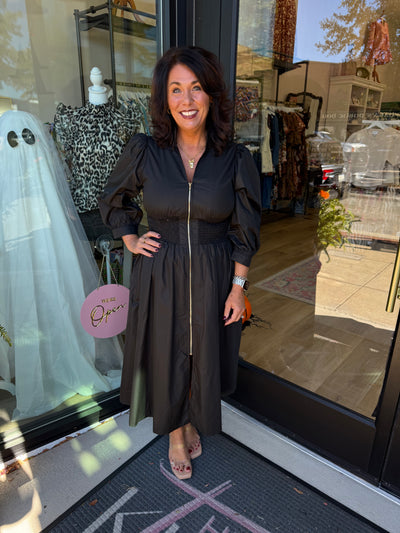 Black Smocked Waist Zip Up Midi Dress