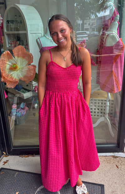 Cherry Pink Gingham Print Maxi Dress