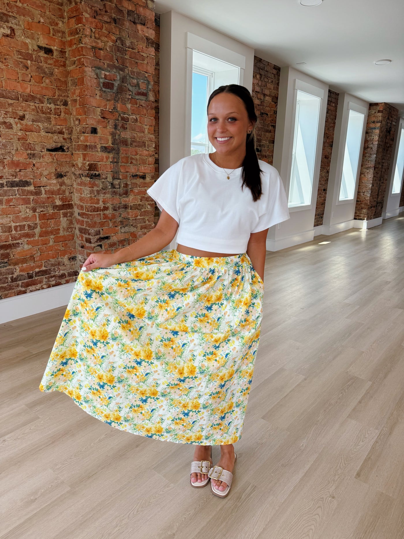 Yellow Floral High Waisted Maxi Skirt