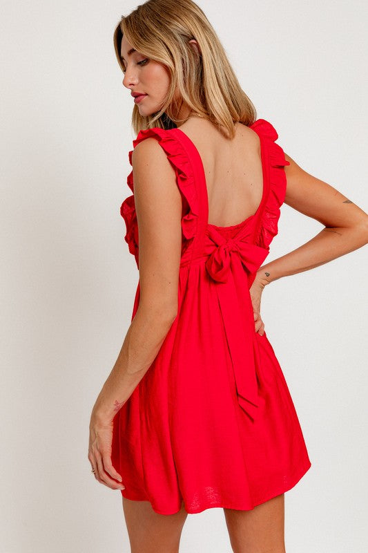 Red Ruffle Detail Tie Back Mini Dress