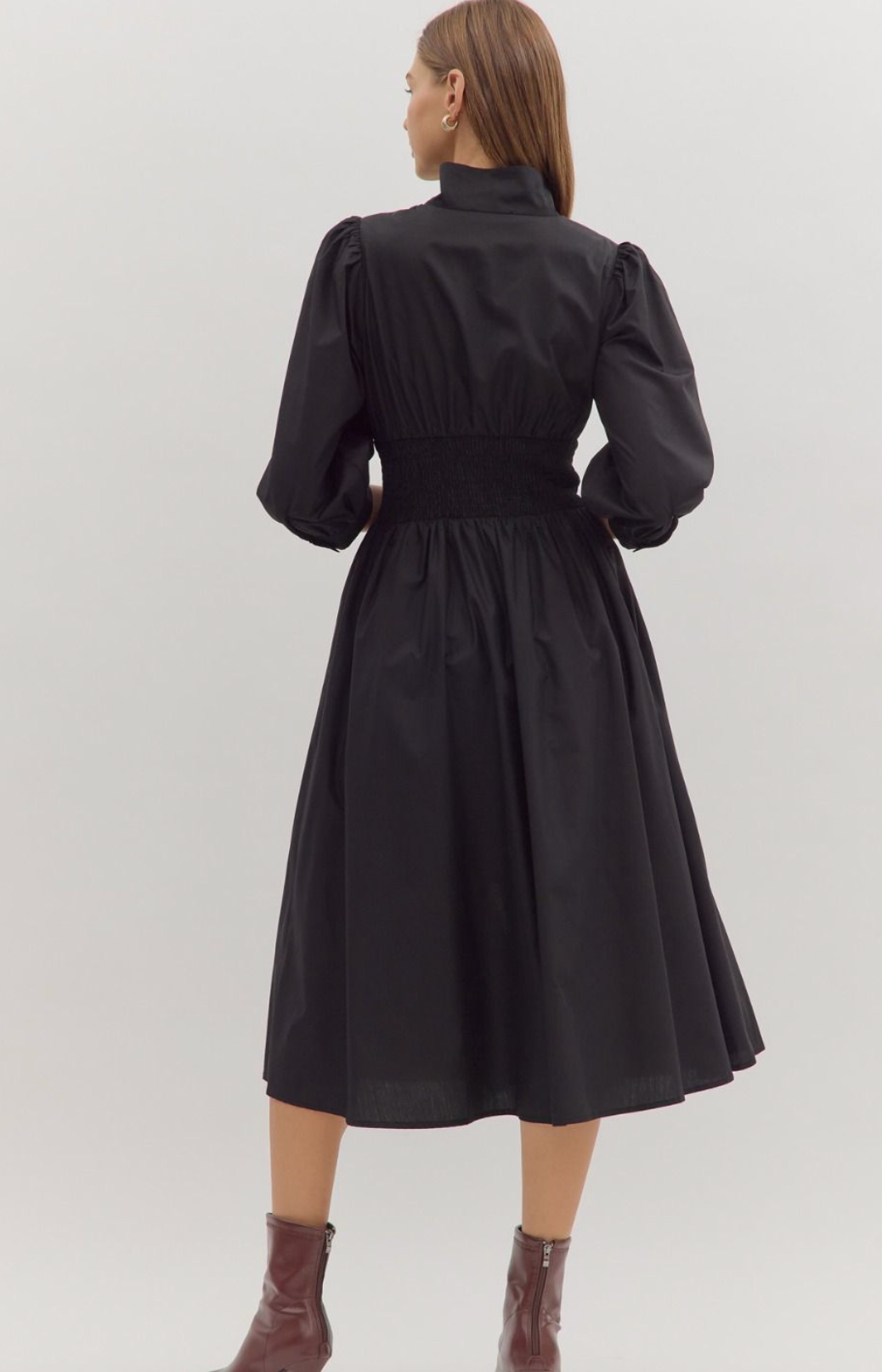 Black Smocked Waist Zip Up Midi Dress