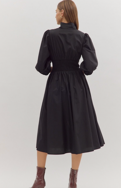 Black Smocked Waist Zip Up Midi Dress