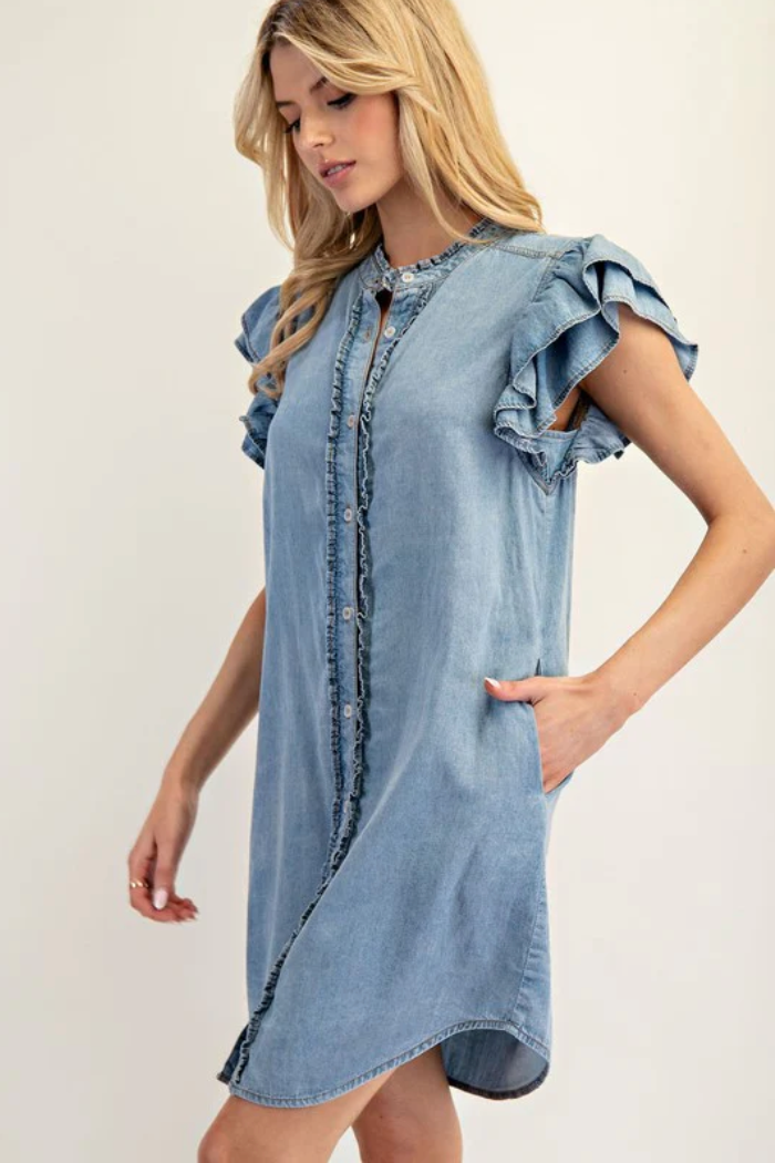 Ruffle Sleeve Denim Button Down Dress