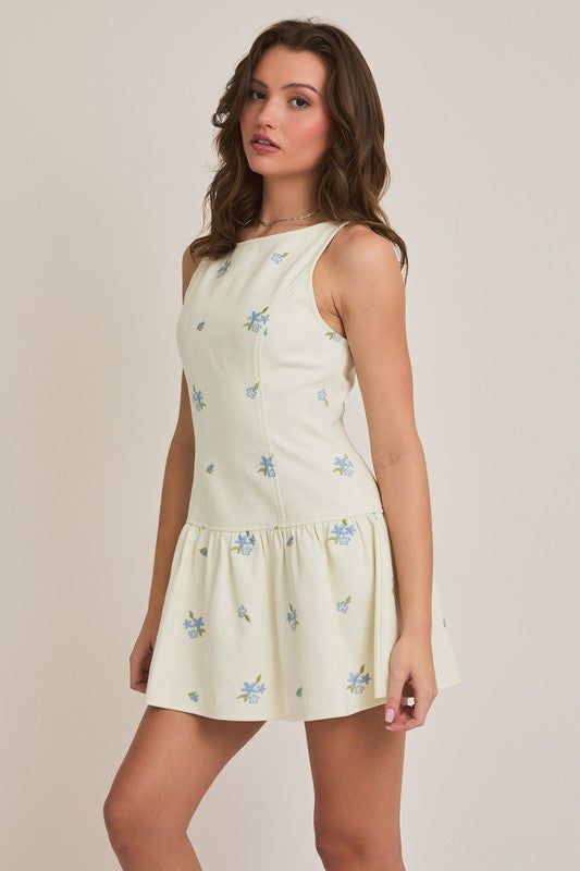 Cream and Blue Embroidered Sleeveless Dress
