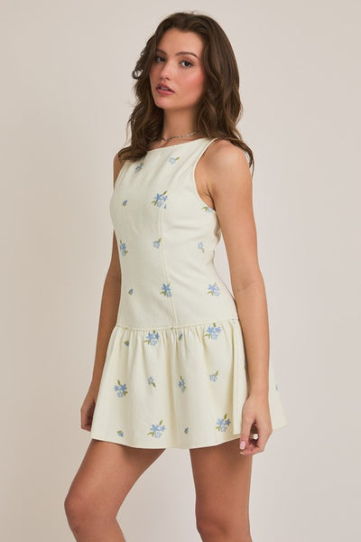 Cream and Blue Embroidered Sleeveless Dress