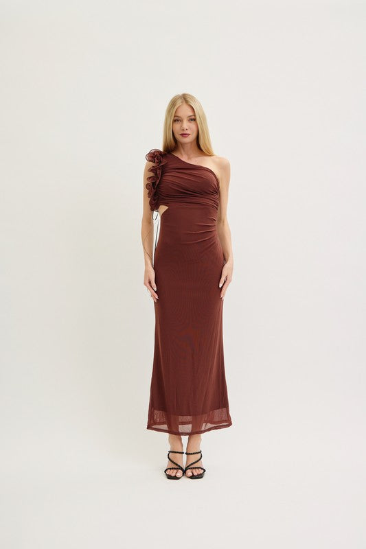 Brown One Shoulder Mesh Cutout Maxi Dress