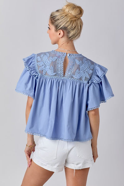 Blue Cropped Lace Detail Flutter Sleeve Top