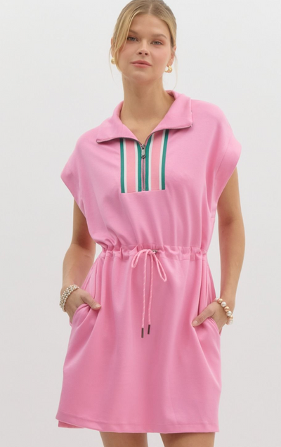 Pink Sleeveless Drawstring Waist Dress