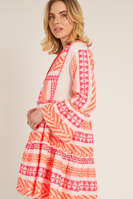 Orange and Pink Geometric Embroidered Dress