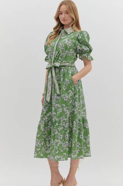 Green Floral Print Bubble Sleeve Midi Dress