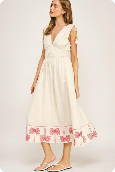 Linen Palm Tree Embroidered Dress