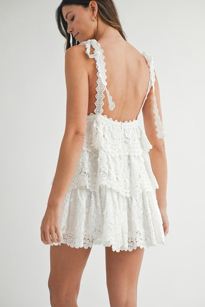 White Crochet Lace Tiered Mini Dress