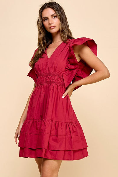 Poplin Ruffle Sleeve Dress- Garnet