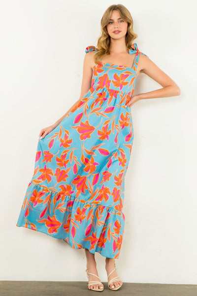 Tie Strap Tropical Print Maxi Dress