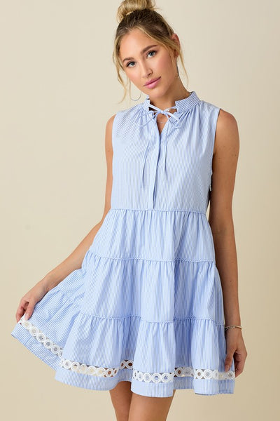 Pin Striped Collared Tiered Mini Dress- Blue