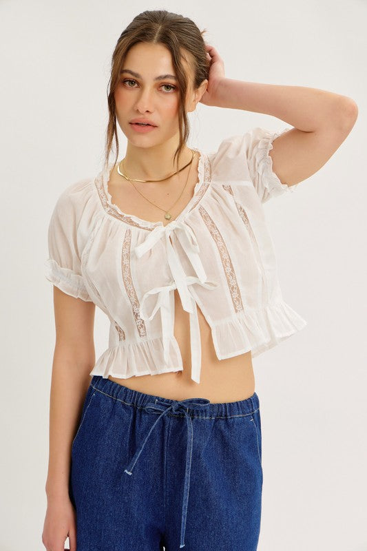 Bow Front Lace Sheer Top