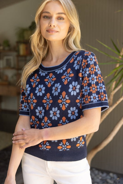 Navy Abstract Floral Sweater