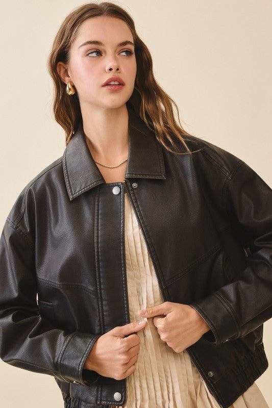 Brown Faux Leather Zipper Front Jacket