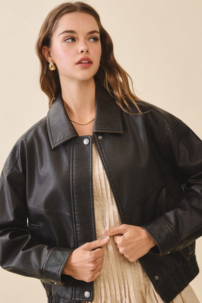 Brown Faux Leather Zipper Front Jacket