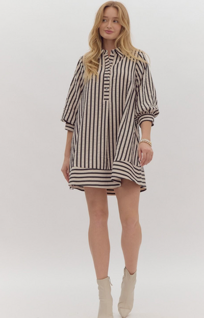 Black Striped Seersucker Long Sleeve Mini Dress