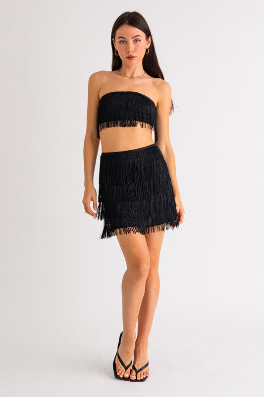 Fringe Satin Skirt Set- Black