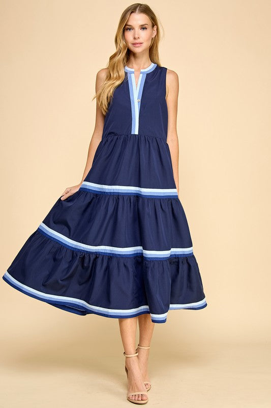 Navy Sleeveless Striped Trim Midi Dress