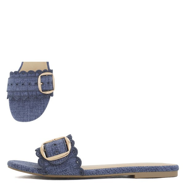 Scalloped Edge Buckle Slides- Navy