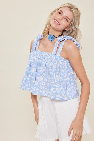Blue Floral Print Shoulder Strap Cotton Top