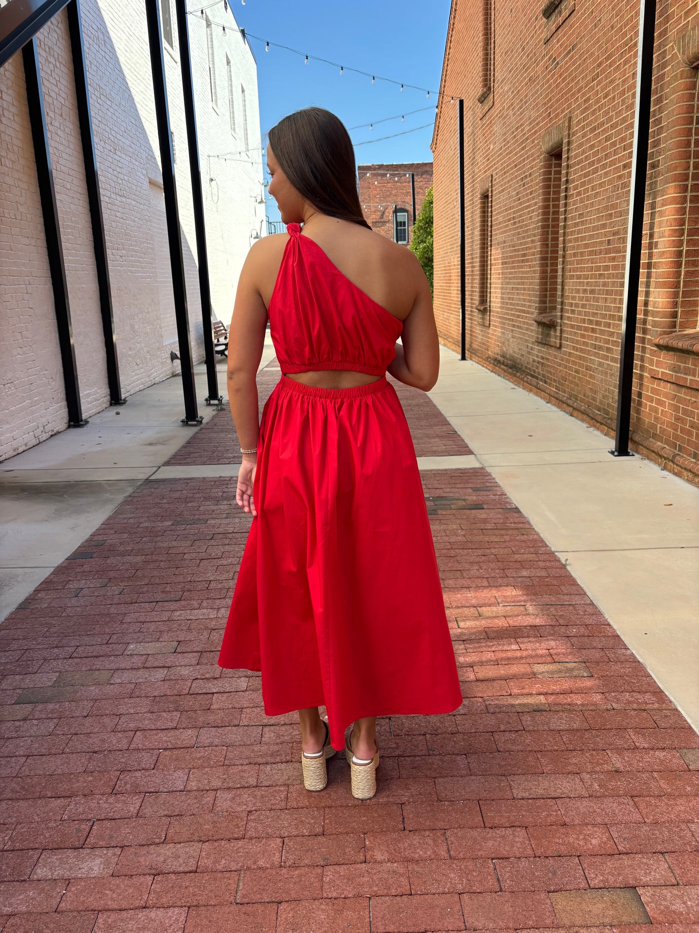 Red Poplin One Shoulder Maxi Dress