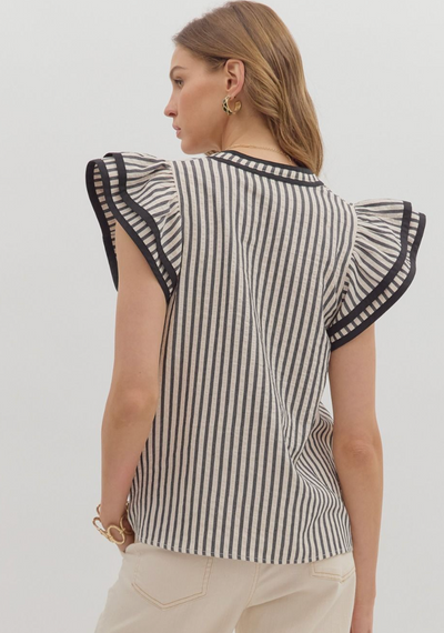 Black Striped Flutter Sleeve Top