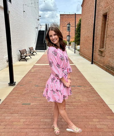 Pink Striped Flower Detail Long Sleeve Mini Dress