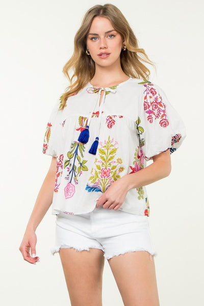 White Floral Tassel Tie Top