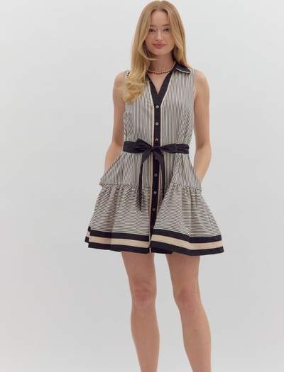 Black and Tan Striped Sleeveless Mini Dress