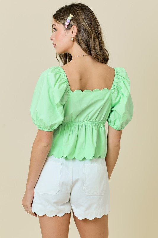 Square Neck Scalloped Edge Top- Mint