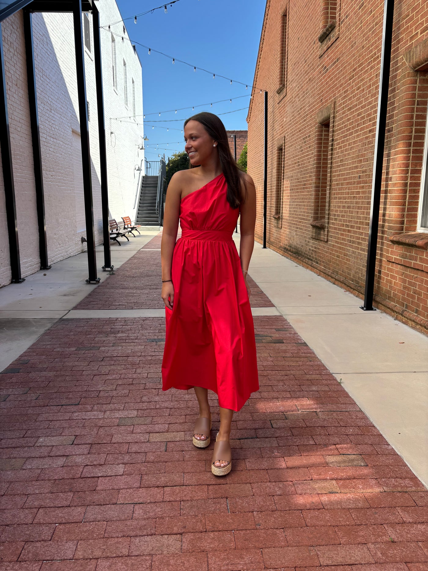 Red Poplin One Shoulder Maxi Dress
