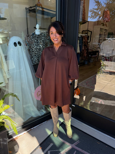 Brown Front Pleated Comfy Dress