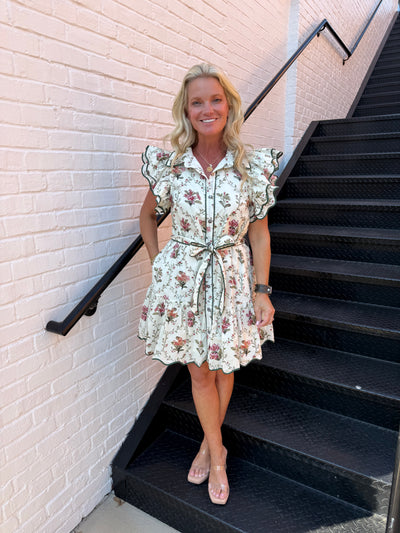 Cream Floral Scalloped Ruffle Sleeve Dress