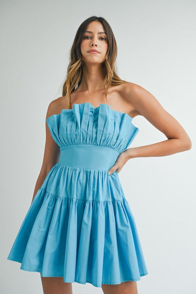 Dramatic Pleated Strapless Aqua Mini Dress