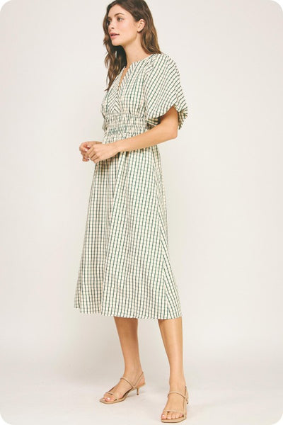 Checkered Puff Sleeve Midi Dress- Emerald