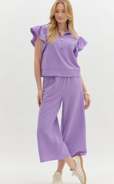 Ribbed Ruffle Cropped Pant Set- Lavender