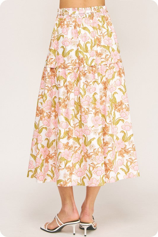 Floral Print Tiered Midi Skirt