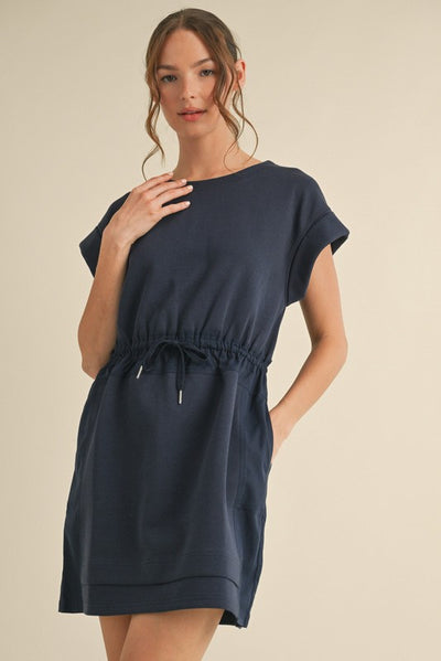 Navy Jersey Drawstring Waist Dress