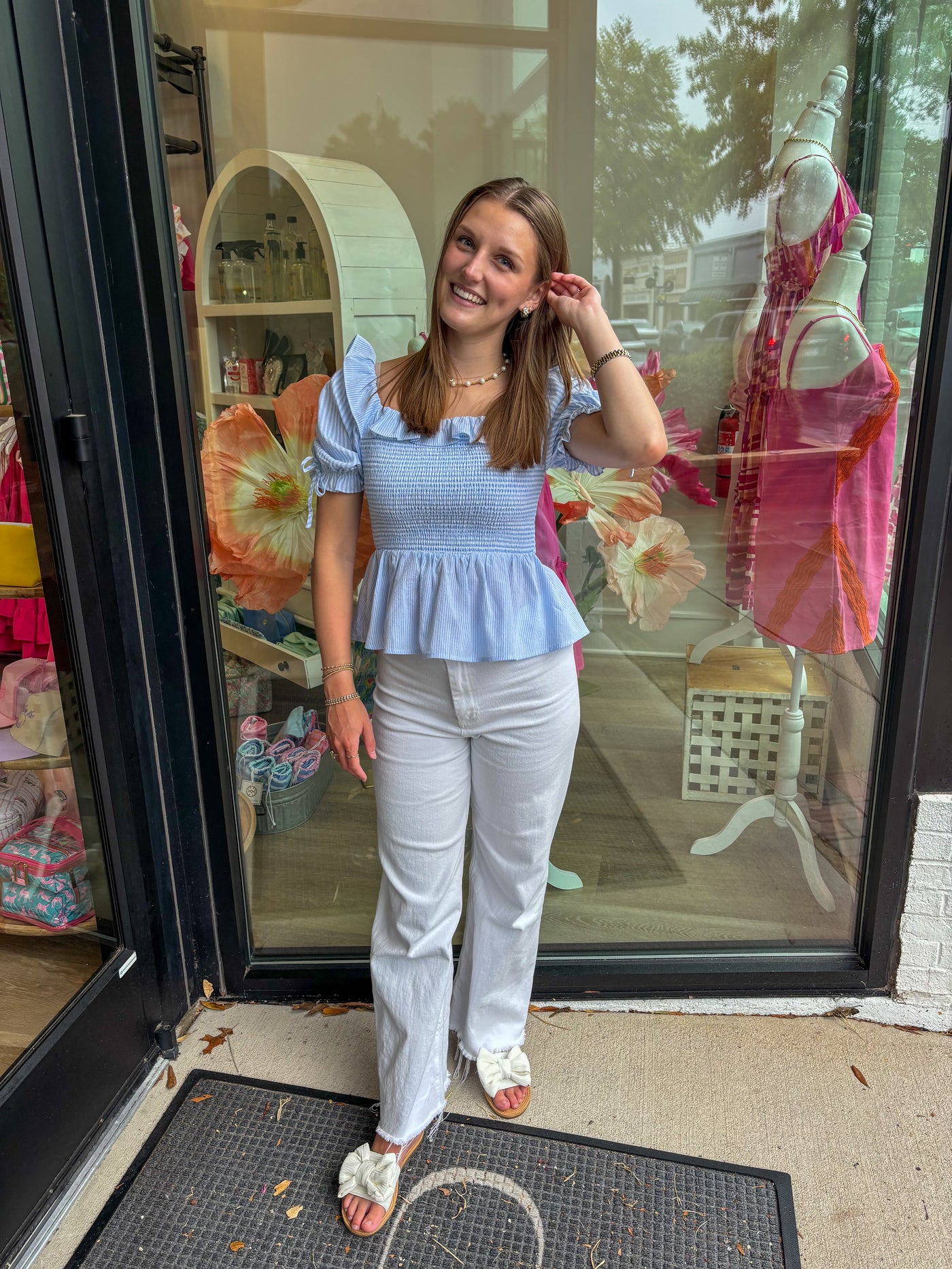 Blue Striped Peplum Smocked Top