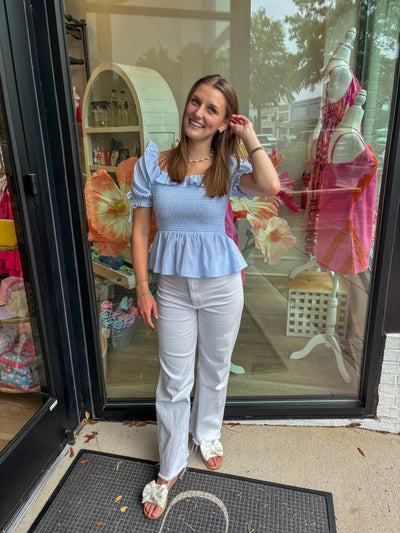 Blue Striped Peplum Smocked Top