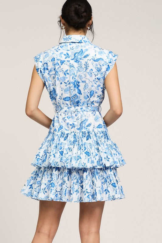 Blue Floral Printed Button Down Mini Dress